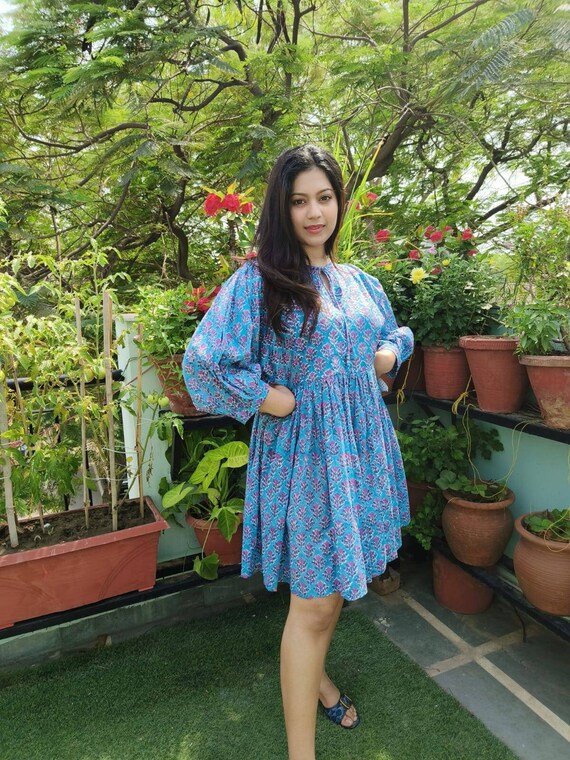 Comfort-Fit Pure Cotton Balloon Sleeves Summer Blockprint Dress in French Blue \u0026 Ditsy Floral Garden Comfort-fit Pure Cotton Balloon Sleeves Summer Blockprint Dress in French  Blue \u0026 Ditsy Floral Garden - Etsy