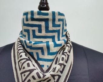 Hand Block Printed Cotton Bandana | Blue & Black Border | Geometrical pattern Scarf | Ethnic Headwrap or Neck Scarf