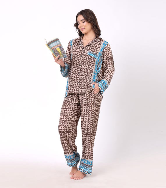 night dress pants and tops for ladies Luxurious Brown & Blue Silk Blend Pajamas | Geometric Print | Soft Cozy Breathable Suit | Side Pockets Travel Bag | Loungewear EOSS26KNIT