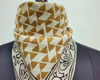 Hand Block Printed Cotton Bandana | Geometric Print Scarf | Mustard Yellow & Black Border Ethnic Headwrap or Neck Scarf