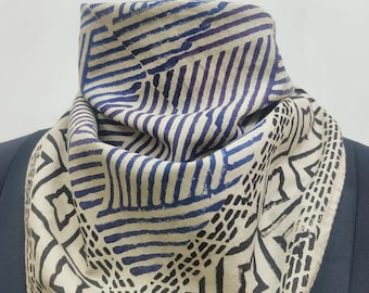 Hand Block Printed Cotton Bandana | Geometric Print Scarf | Blue & Black Border Ethnic Headwrap or Neck Scarf