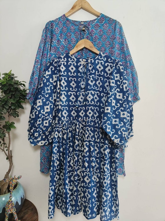 Comfort-Fit Pure Cotton Balloon Sleeves Summer Blockprint Dress in Indigo Blue & White Ethnic Motif