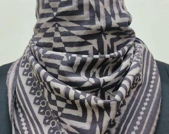 Hand Block Printed Cotton Bandana | Geometrical Pattern Scarf | Grey Ethnic Headwrap or Neck Scarf