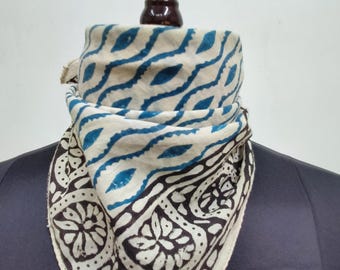 Hand Block Printed Cotton Bandana | Blue & Black Border | Geometrical pattern Scarf | Ethnic Headwrap or Neck Scarf