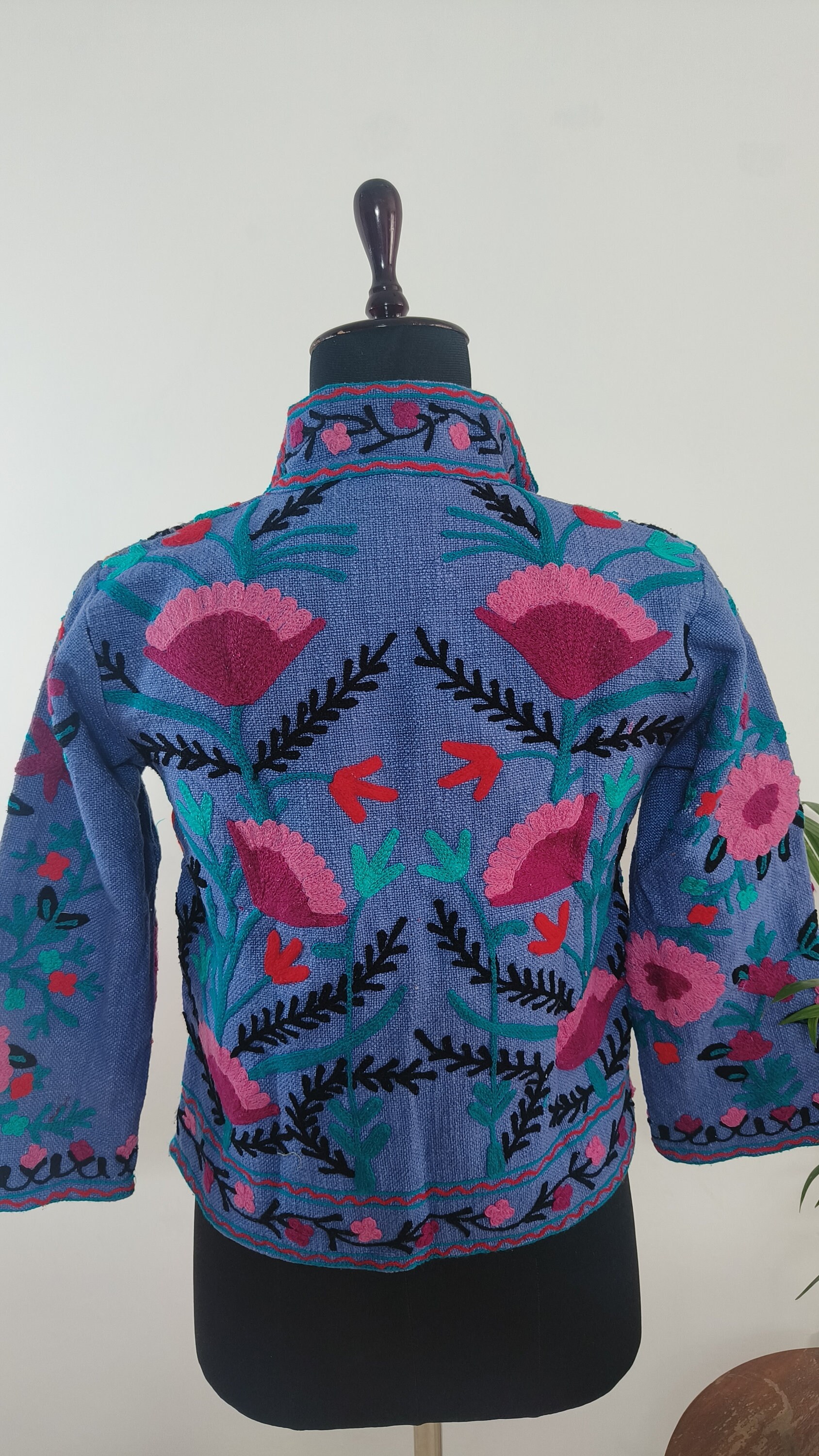 Short Embroidery Jacket in Blue With Multi Colour Thread