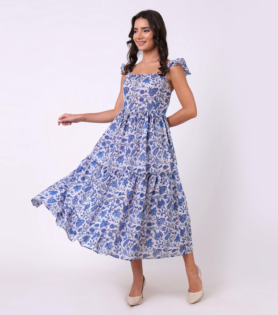 Boho Chic Blue & White Patterned Midi Sleeveless Dress| Blockprint Summer Dress | Cotton Dress | Handmade Cotton Summer Dress | Cute Dress Boho Chic Blue & White Patterned Midi Sleeveless Dress| Blockprint Summer Dress | Cotton Dress | Handmade Cotton Summer Dress | Cute Dress