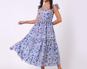 Boho Chic Blue & White Patterned Midi Sleeveless Dress| Blockprint Summer Dress | Cotton dress | Handmade Cotton Summer Dress | Cute Dress