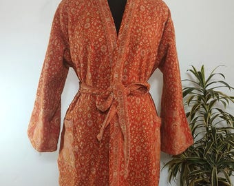 XXL Unisex Handmade Yak Wool Mix Kimono House Lounge Robe | Orange & Beige Floral Paisley | Dressing Warm Winter Robe | Christmas Gift