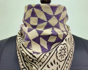 Hand Block Printed Cotton Bandana | Leaf Print Scarf | Purple & Black Border Ethnic Headwrap or Neck Scarf