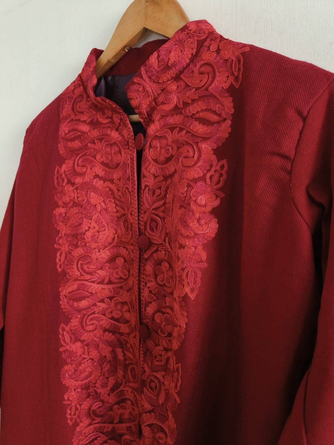 Wool Blend Hand Embroidery Jacket in Bright Maroon With Maroon Colour