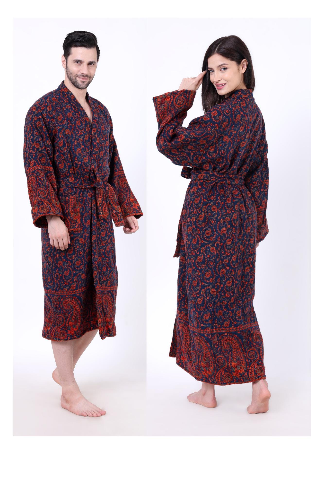 Unisex Handmade Yak Wool Mix Kimono/house Lounge Robe | Midnight