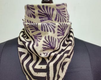 Hand Block Printed Cotton Bandana | Leaf Print Scarf | Purple Ethnic Headwrap or Neck Scarf