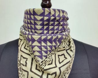 Hand Block Printed Cotton Bandana | Geometric Print Scarf | Purple Ethnic Headwrap or Neck Scarf