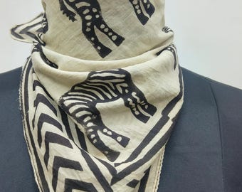 Hand Block Printed Cotton Bandana | Zebra Mofits Scarf | Black & Off White Ethnic Headwrap or Neck Scarf