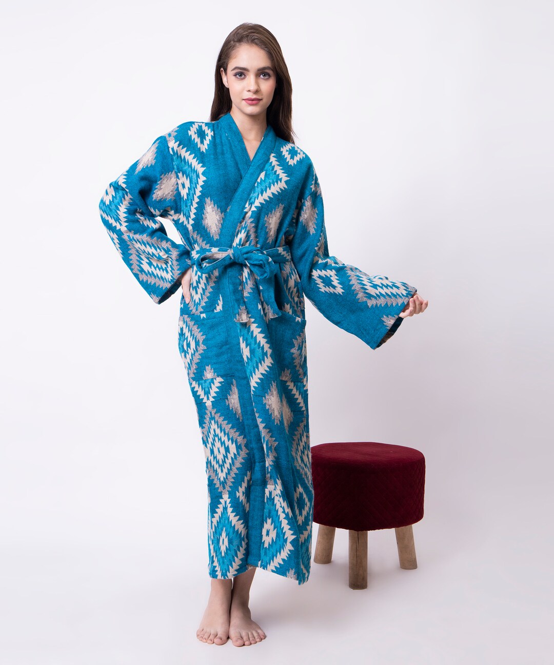 Authentic Aztec Robe Unisex Handmade Yak Wool Mix Kimono/house Lounge Robe | Classic Blue ...
