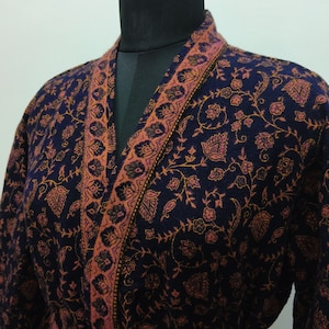 Handmade Yak Wool Mix Unisex Kimono | House Robe | Deep Dark Blue & Orange Floral Print | Elegant Warm Dressing Robe | Christmas Gift