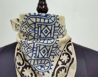 Hand Block Printed Cotton Bandana | Block Print Scarf | Blue & Black Border Ethnic Headwrap or Neck Scarf