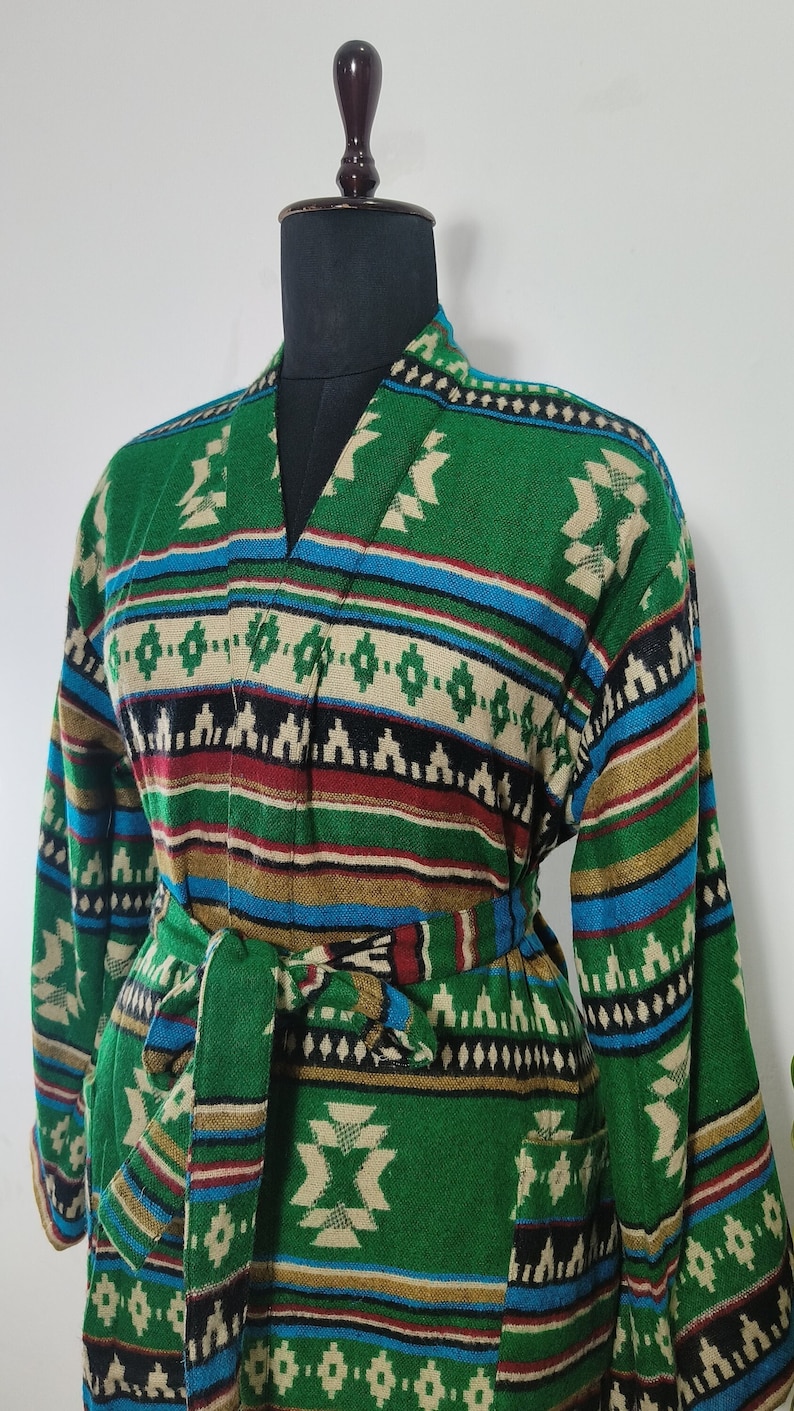 Long Aztec Robe Unisex House Lounge Robe in Yak Wool Blend | Green, Beige & Red Ikat ...