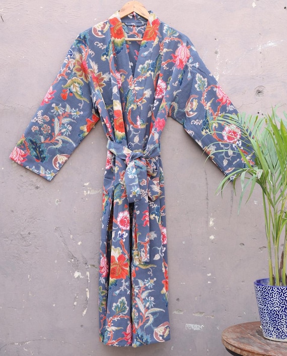 Long Unisex Pure Cotton Waffle House Bath Robe Summer Robe Spa Cover Up Make Up Dressing Gown Beachwear | Floral Muted Gray-Blue