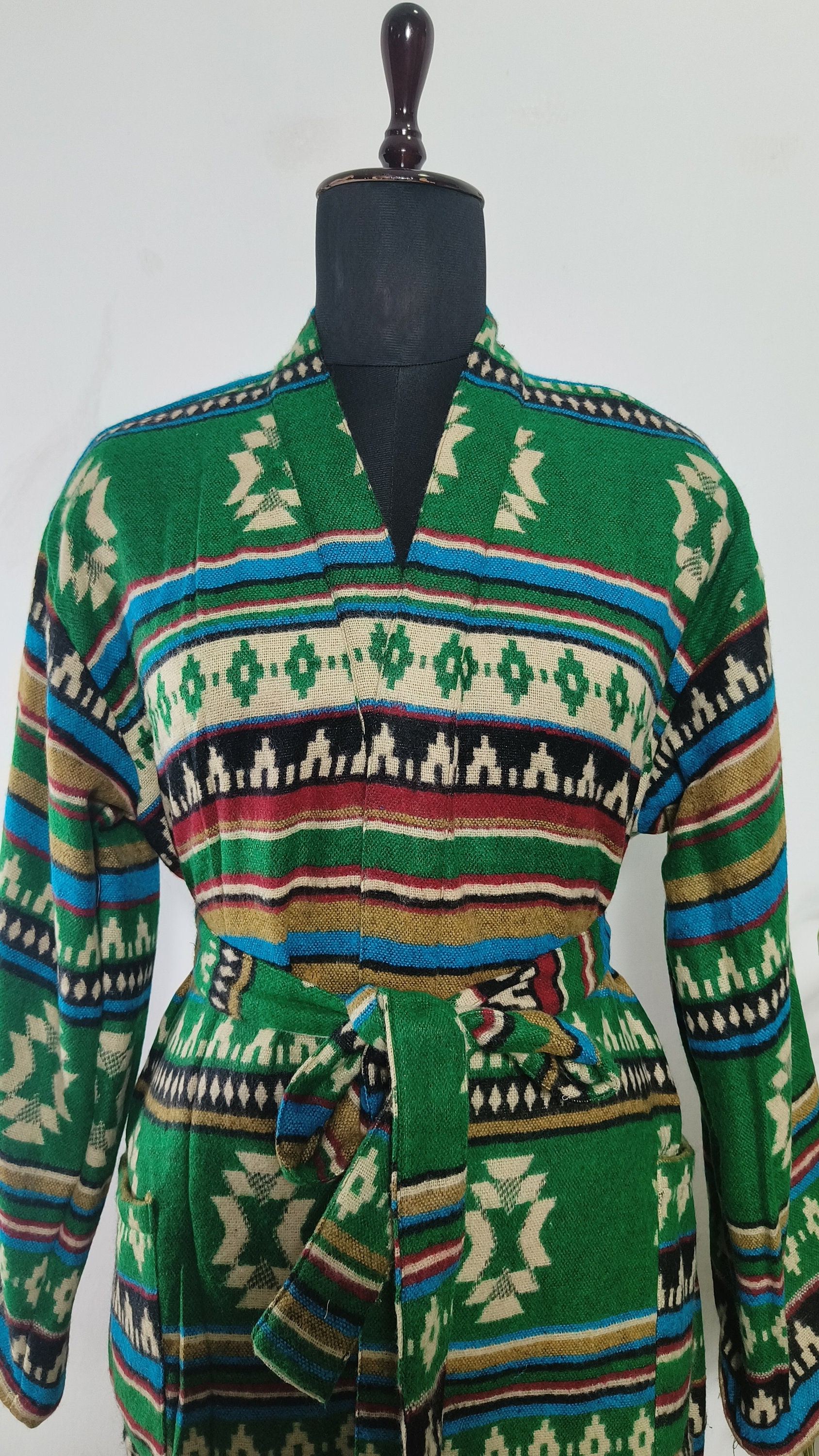 Unisex House Lounge Robe in Yak Wool Blend | Green, Beige & Red Ikat ...