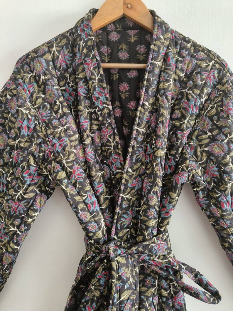 Quilted Luxury Black & Pink Floral Handblock Cotton Long Reversible