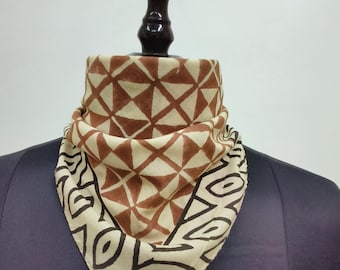 Hand Block Printed Cotton Bandana | Geometric Print Scarf | Brick Brown & Black Border Ethnic Headwrap or Neck Scarf