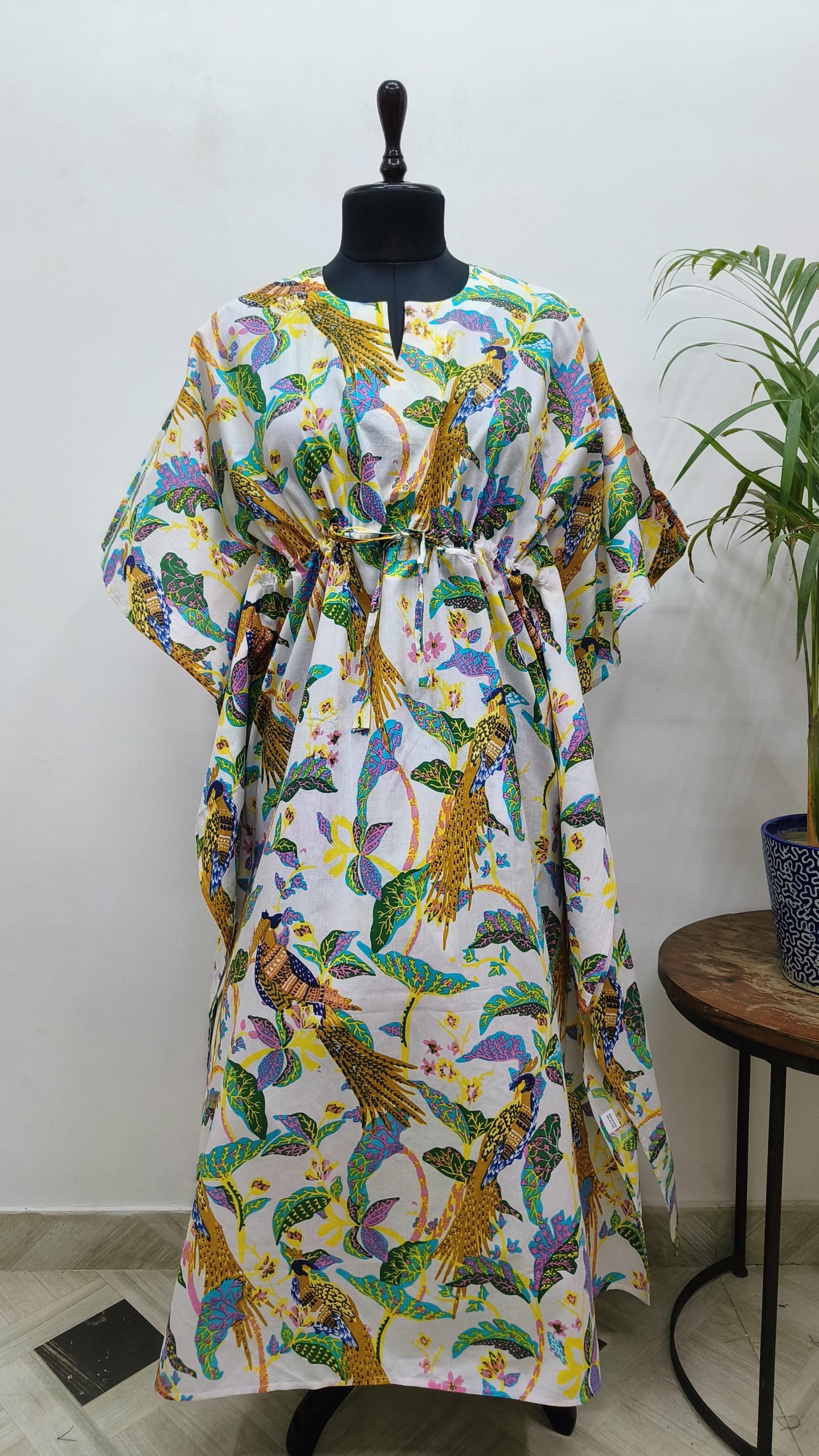 Snow White & Yellow with Tropical Bird Pattern in Pure Cotton Summer Kaftan| Indian Block Print | Beach Coverup| Comfy Maternity Dress Maxi
