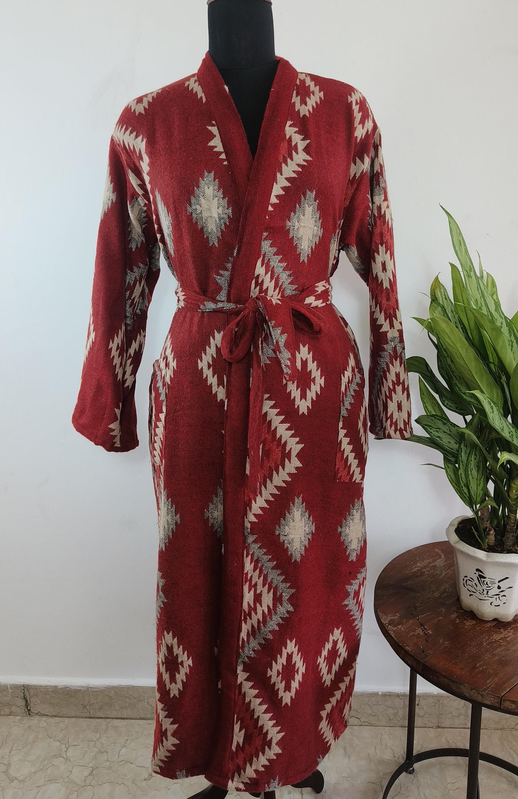 Unisex Handmade Yak Wool Mix Kimono/House Lounge Robe | | Brick Red & Grey Ikat Aztec Print| Winter Robe | Winter Loungewear | ChristmasGif