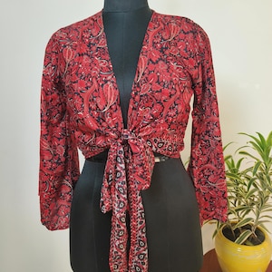 Bell Sleeves Silk Blend Quirky Boho Tie Up Crop Top for Women | Beach Top in Classic Black & Red Floral Pattern