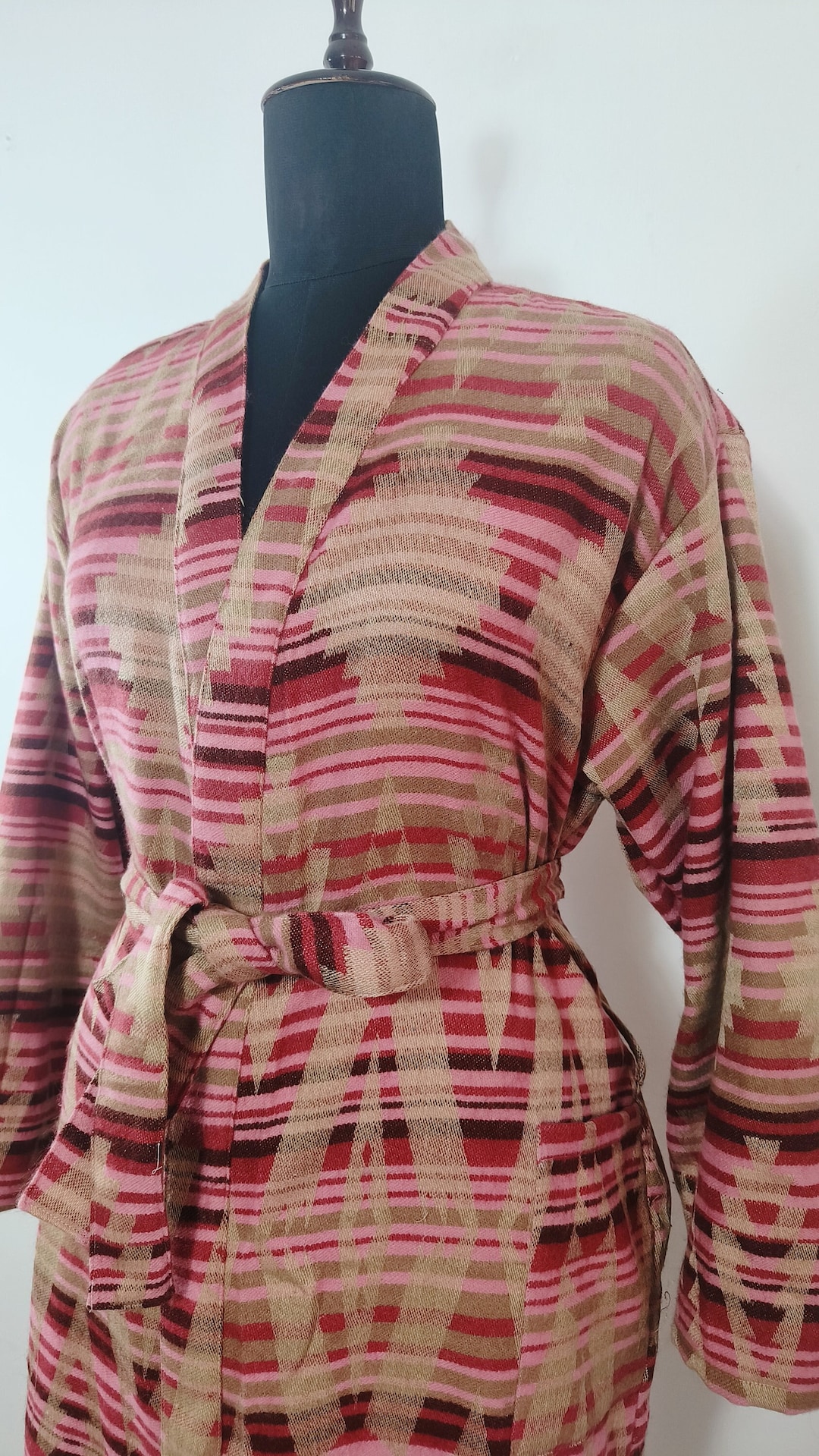 Unisex House Lounge Robe in Yak Wool Blend | Beige, Pink & Red Ikat ...