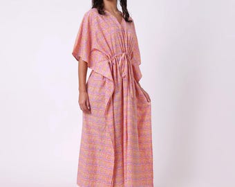 Rose Pink Bold Floral Print Bloom Garden in Pure Cotton Summer Kaftan | Indian Block Print | Beach Coverup | Comfy Maternity Dress Maxi