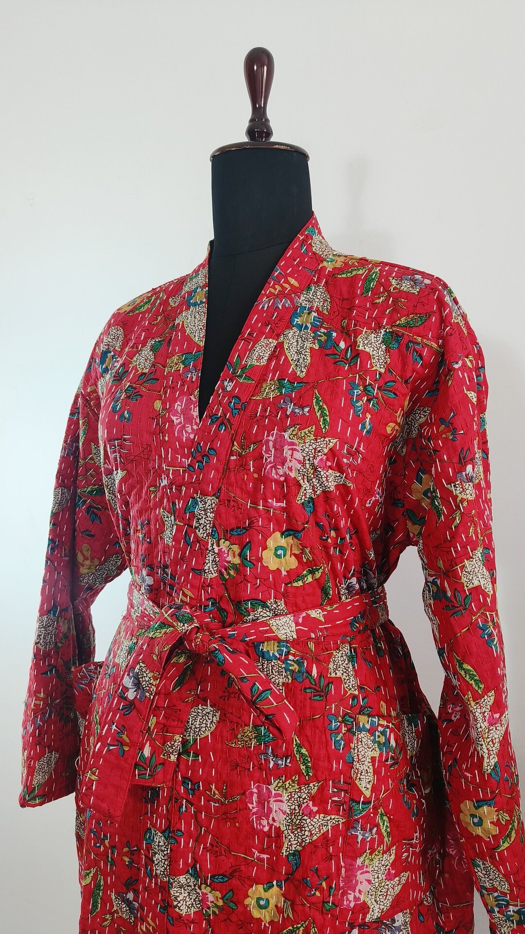 Kantha Robe Unisex Classic Kantha Cotton Kimono Robe in Red & Beige Floral Print ...