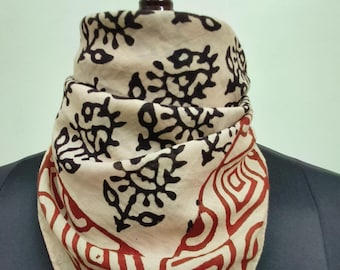 Hand Block Printed Cotton Bandana | Flower pattern Scarf | Black and Red Border Ethnic Headwrap or Neck Scarf | Handcrafted