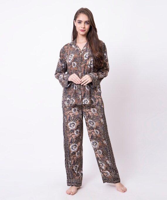 Luxurious Silk Blend PJ Set With Piping Detail and Side Pocket Pants in Grey Brown Black Floral Paisley Print Etsy Canada