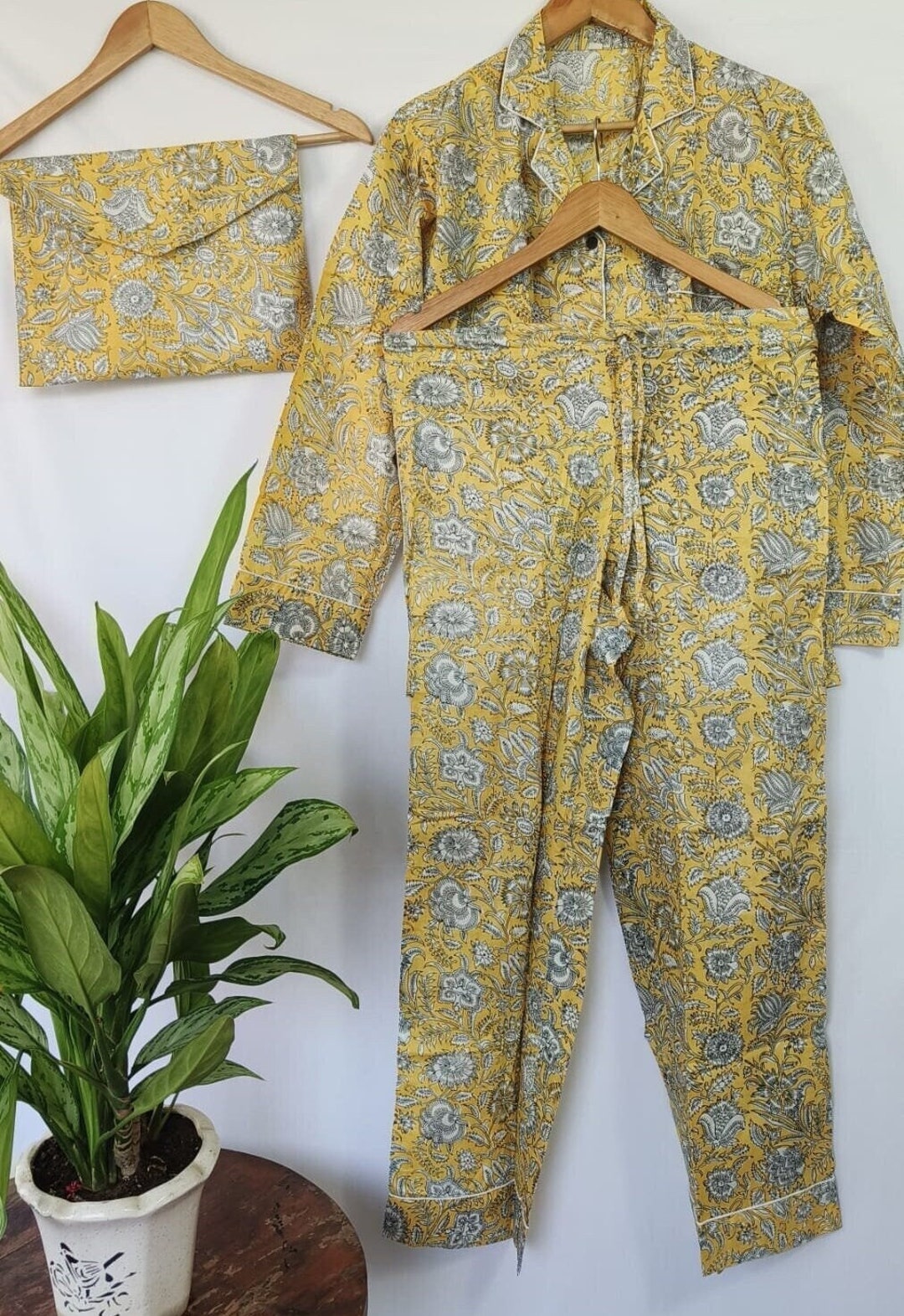 Yellow Tree Handblock Cotton Pyjama Set