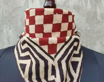 Hand Block Printed Cotton Bandana | Geometric Print Print Scarf | Red & Beige Ethnic Headwrap or Neck Scarf