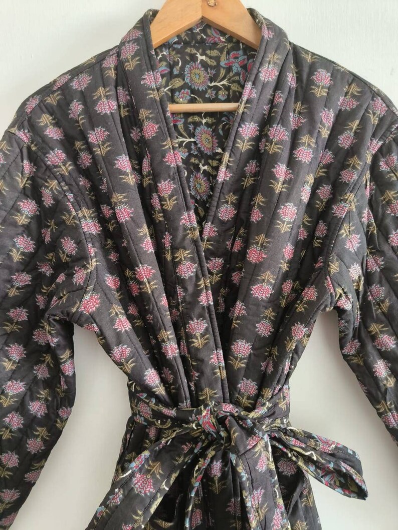 Quilted Luxury Black & Pink Floral Handblock Cotton Long Reversible