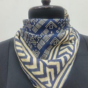 Hand Block Printed Cotton Bandana | Abstract Print Scarf | Indigo Blue & Beige Ethnic Headwrap or Neck Scarf