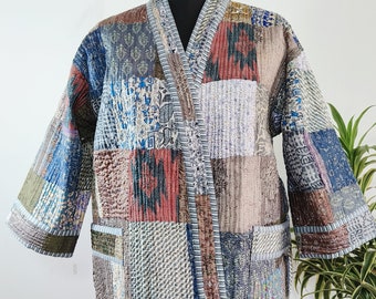 Giacca Kimono Patchwork Kantha In Seta Fatta A Mano – Donna, Stile Bohémien, Nero