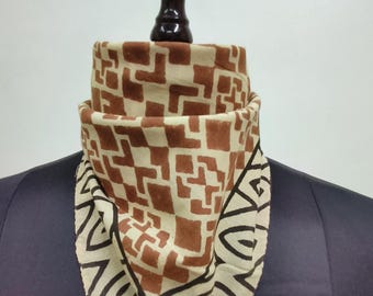 Hand Block Printed Cotton Bandana | Geometric Print Scarf | Brick Brown & Black Border Ethnic Headwrap or Neck Scarf