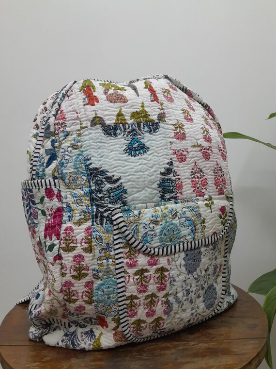 Quilted Cotton Handblocked Patchwork Backpack Sustainable and Stylish Travel Companion Laptop Bag White Blue Red in Floral Print Etsy Canada