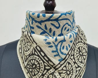 Hand Block Printed Cotton Bandana | Blue & Black Border | Geometrical pattern Scarf | Ethnic Headwrap or Neck Scarf