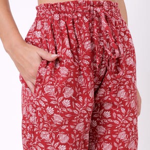 Handprinted Pure Cotton Trousers in Indigo Red White Floral Print | Boho Style Lightweight Cotton Trousers for Women | HandmadeBoho Bottoms