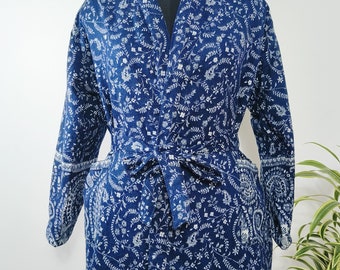 Unisex Handmade Yak Wool Mix Kimono House Robe | Royal Navy Blue & White Floral Print |  Warm Winter Dressing Robe | Christmas Gift