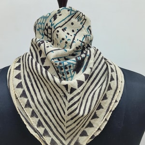 Hand Block Printed Cotton Bandana | Fish Print Scarf | Blue & Black Ethnic Headwrap or Neck Scarf