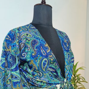 Bell Sleeves Silk Blend Quirky Boho Tie Up Crop Top for Women | Beach Top in Classic Blue, Green & Yellow Paisley Pattern