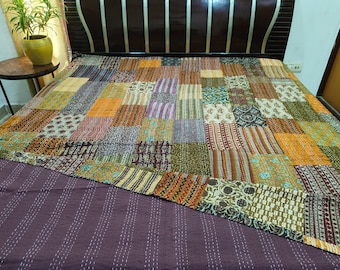 Patola Silk Patchwork Kantha Quilt Bed Cover in Brown | Kantha Quilt King Size | Handmade Bedding | Sofa Throw | Patchwork Kantha Bedspread
