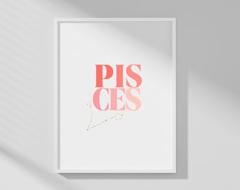 Pisces Zodiac Print, Pisces Star Sign Constellation Print, Pisces Poster, Zodiac Sign Wall Décor