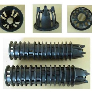 May include: Black plastic plant pots with a grid pattern. The pots are designed to allow for drainage and aeration. The pots are shown in different sizes and configurations.