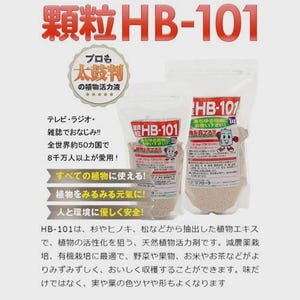 May include: Two clear plastic pouches of HB-101 granular plant vitality liquid, one labeled 300g and the other 1kg. The packaging features red and white text, a cartoon character, and Japanese characters describing the product as a natural plant extract.